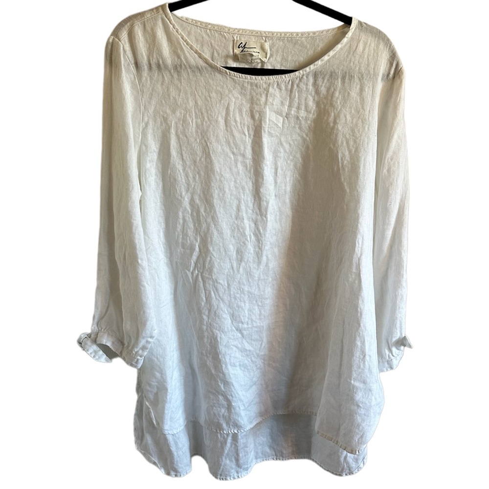 ANDREA JOVINE White 3/4 Sleeve 100% Linen Tunic Top Tie Sleeve Sz XL